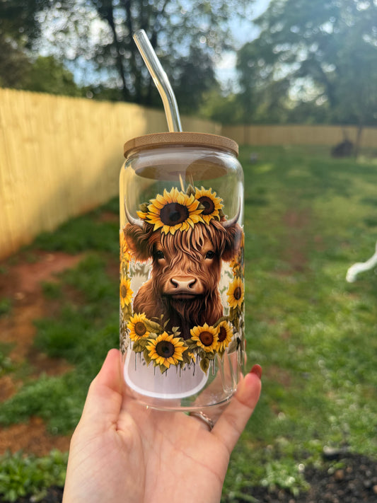 Highland Cow Sunflower Glass Tumbler