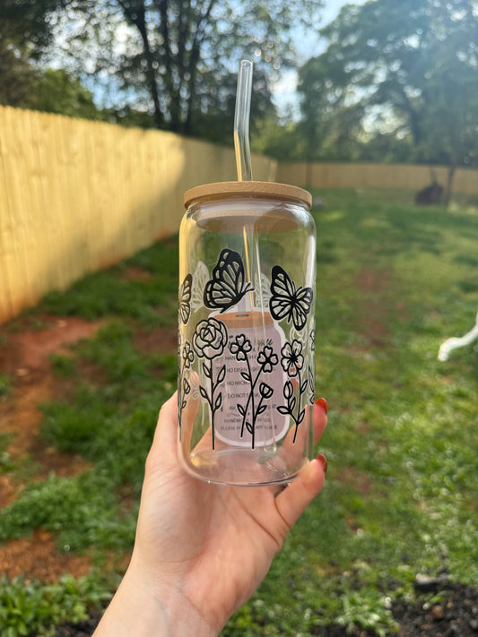Floral Butterfly Glass Tumbler