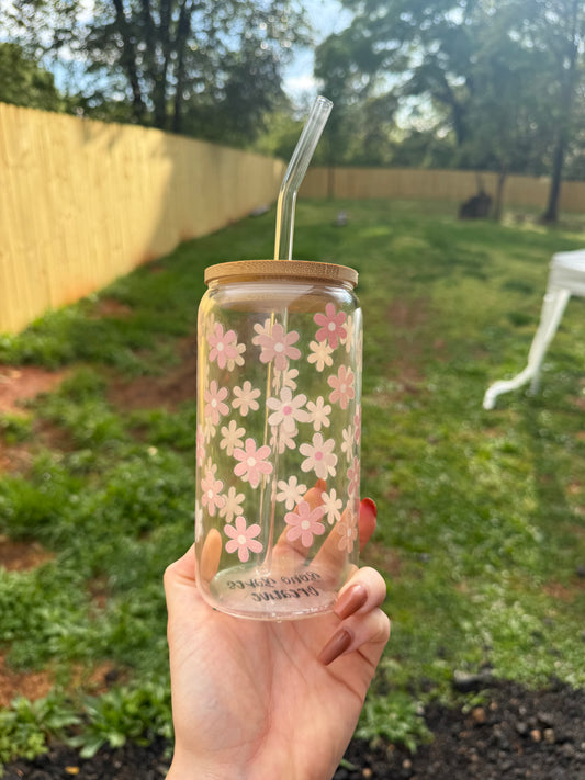 Pink Flower Glass Tumbler